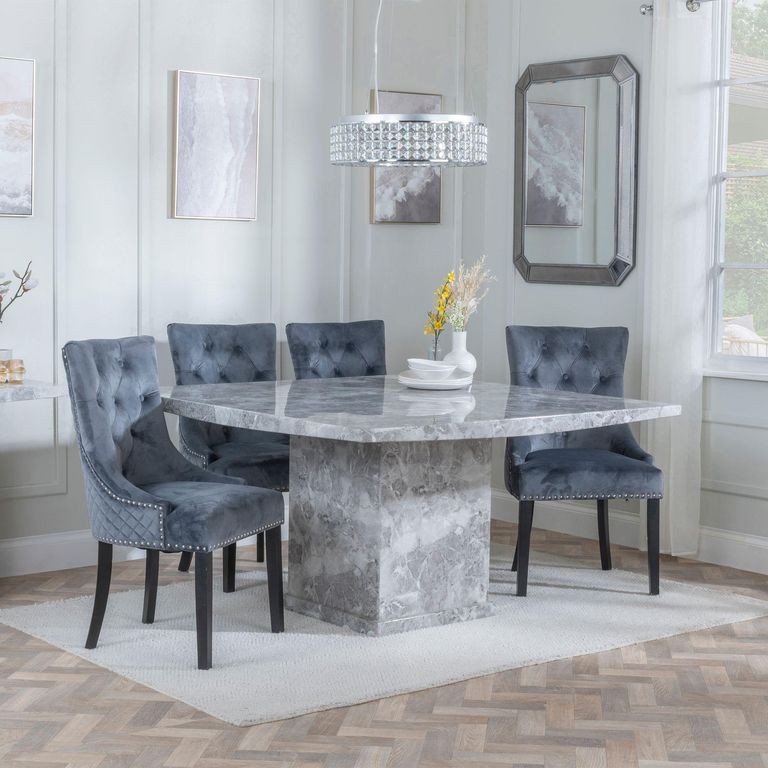 Turin Grey Marble Square Dining Set - Lion Knocker Back Grey Velvet Fabric Dining Chair with Black Wooden Legs
