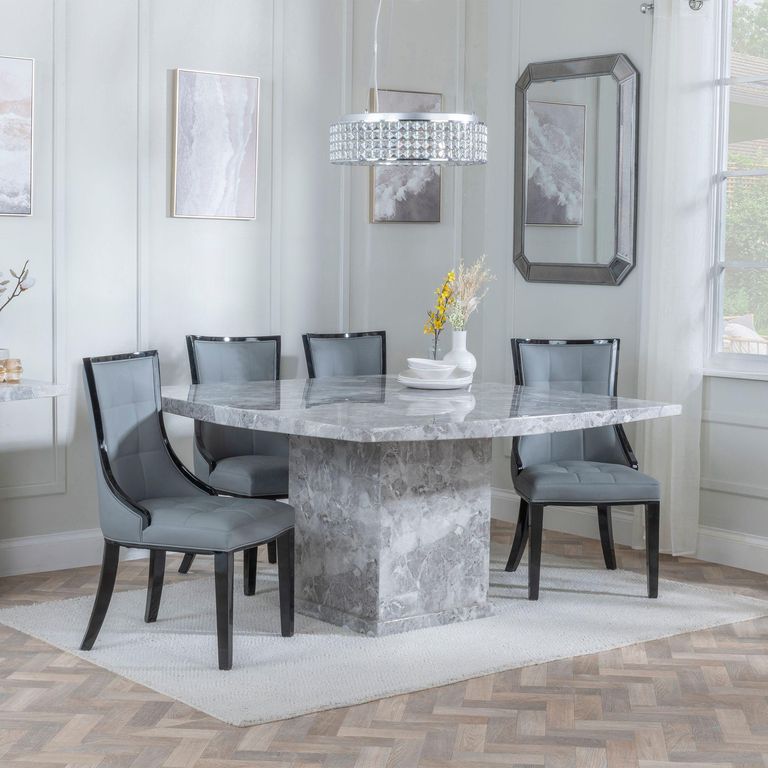 Turin Grey Marble Square Dining Set - Paris Grey Leather Dining Chair with Black Legs