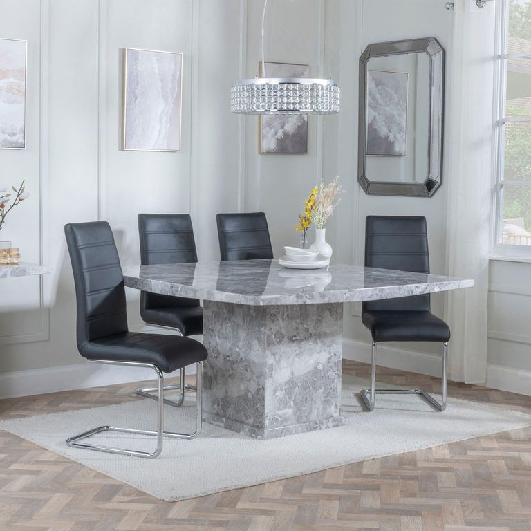 Turin Grey Marble Square Dining Set - Roma Black Faux Leather Dining Chair