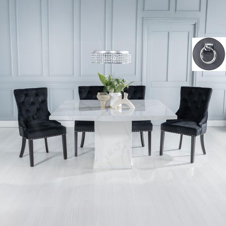 Turin White Marble Square Dining Set - Black Fabric Knocker Back Dining Chair with Black Legs