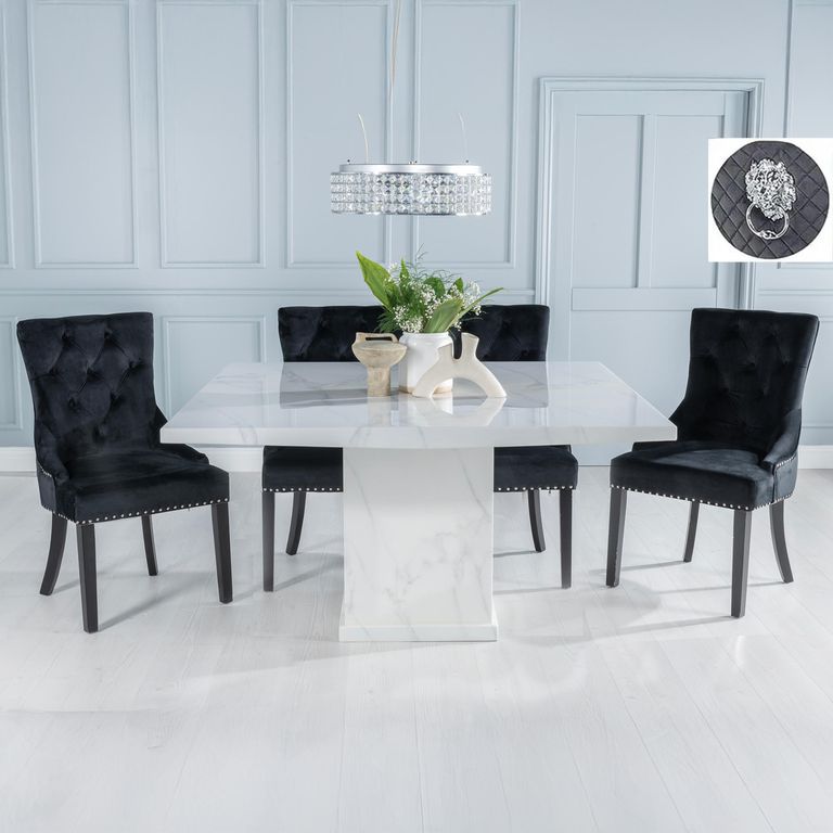 Turin White Marble Square Dining Set - Black Fabric Lion Head Ring Back Dining Chair with Black Legs