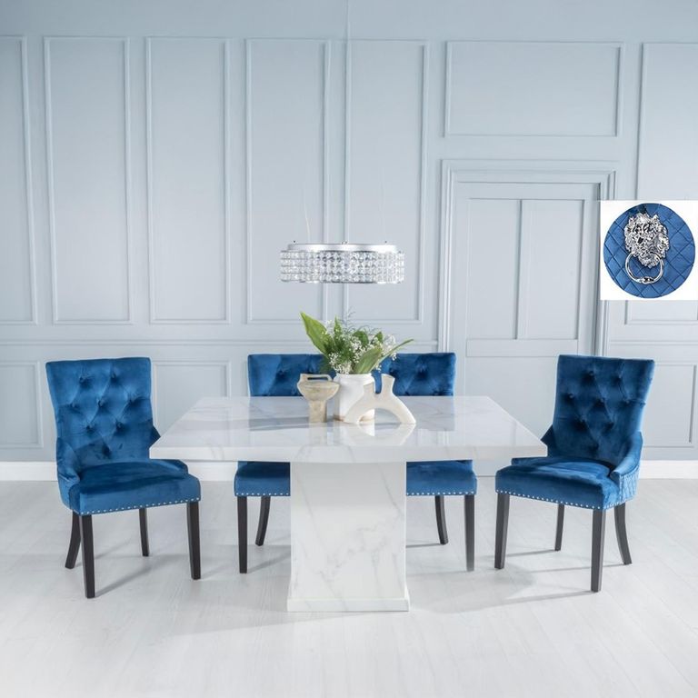 Turin White Marble Square Dining Set - Blue Fabric Lion Head Ring Back Dining Chair with Black Legs