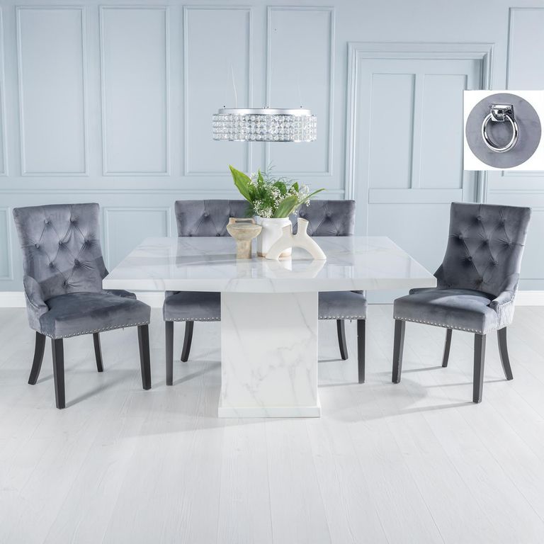Turin White Marble Square Dining Set - Grey Fabric Knocker Back Dining Chair with Black Legs