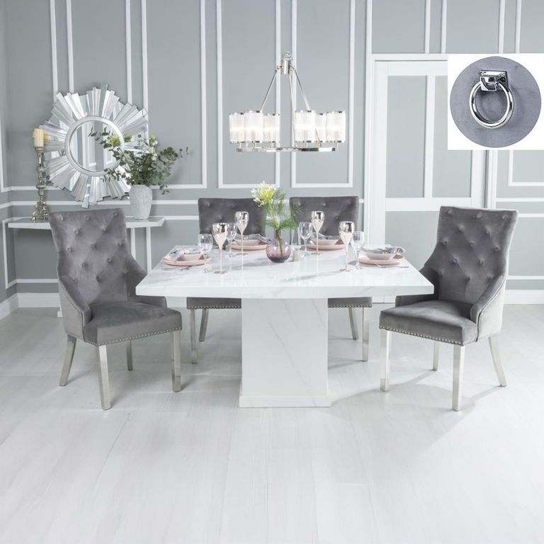 Turin White Marble Square Dining Set - Grey Fabric Knocker Back Dining Chair with Chrome Legs