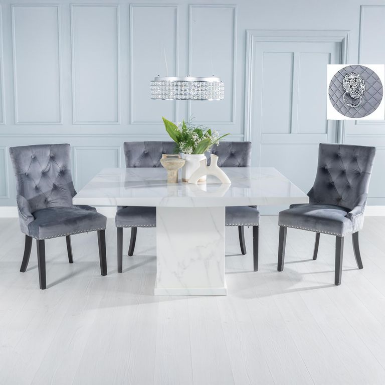 Turin White Marble Square Dining Set - Grey Fabric Lion Head Ring Back Dining Chair with Black Legs