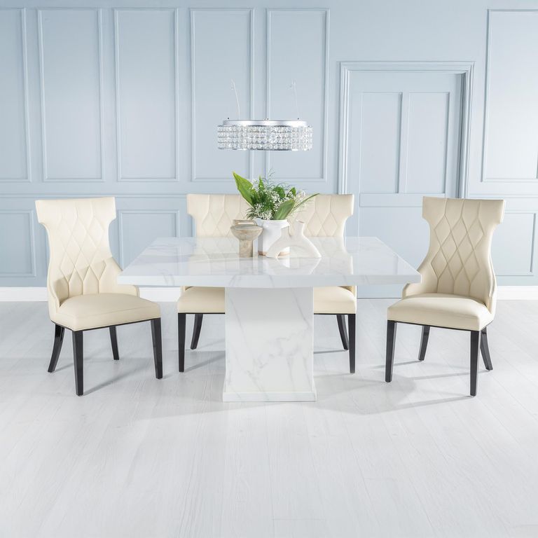 Turin White Marble Square Dining Set - Mimi Cream Faux Leather Chair