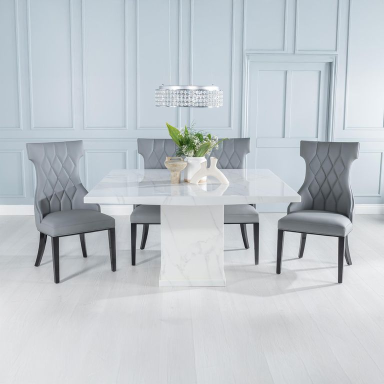 Turin White Marble Square Dining Set - Mimi Grey Faux Leather Chair