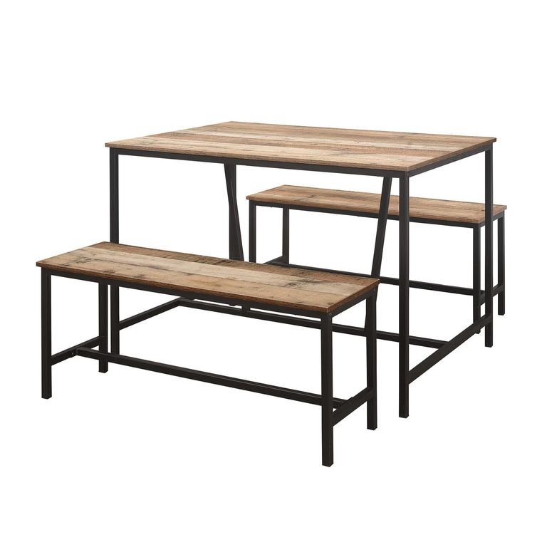 Urban Industrial Style Dining Set - 2 Seater - 118cm - with 2 Benches - Rustic Wood