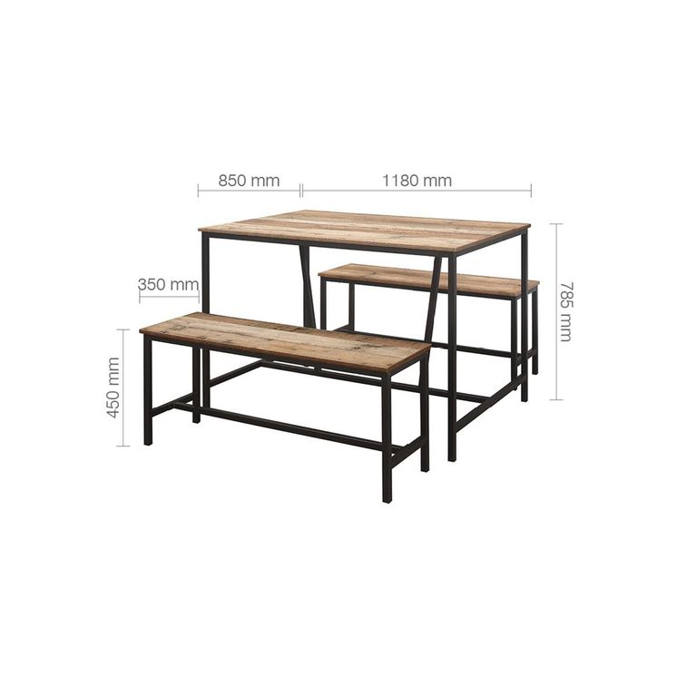Urban Industrial Style Dining Set - 2 Seater - 118cm - with 2 Benches - Rustic Wood
