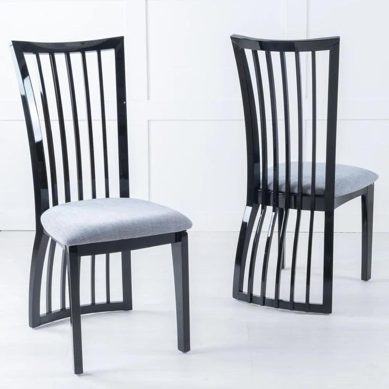 Venice Cream Marble Dining Set - Athena Black High Gloss Slatted Back Dining Chair with Grey Seat Pads