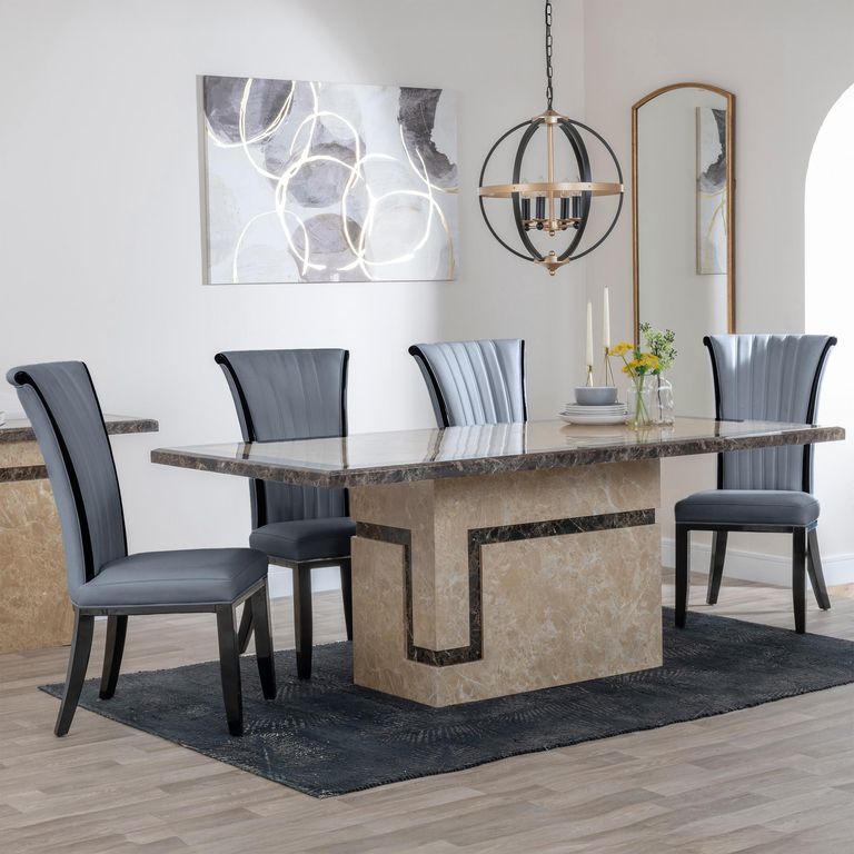 Venice Cream Marble Dining Set - Cadiz Grey Leather Dining Chair