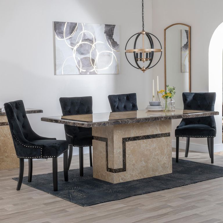 Venice Cream Marble Dining Set - Knocker Back Black Velvet Fabric Dining Chair with Black Wooden Legs