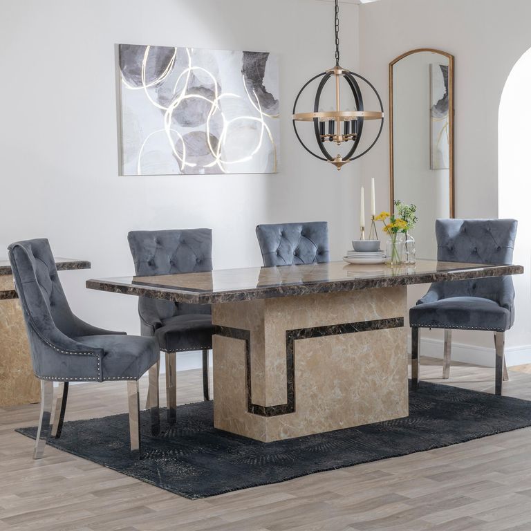 Venice Cream Marble Dining Set - Knocker Back Grey Velvet Fabric Dining Chair with Chrome Legs