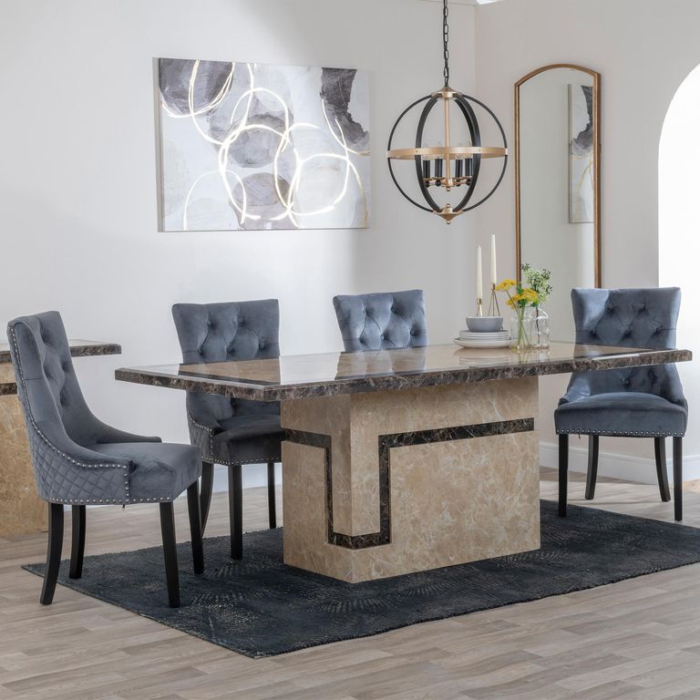 Venice Cream Marble Dining Set - Lion Knocker Back Grey Velvet Fabric Dining Chair with Black Wooden Legs
