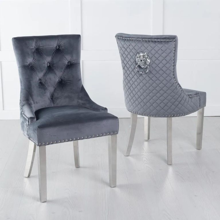 Venice Cream Marble Dining Set - Lion Knocker Back Grey Velvet Fabric Dining Chair with Chrome Legs