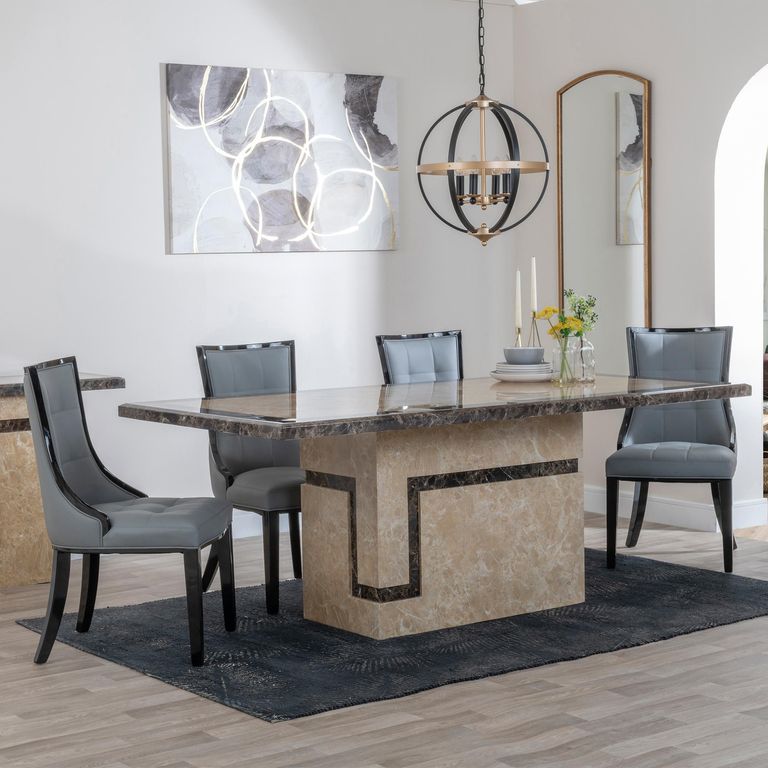 Venice Cream Marble Dining Set - Paris Grey Leather Dining Chair with Black Legs
