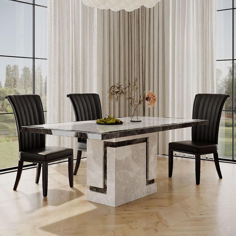 Venice Grey Marble Dining Set - Cadiz Black Leather Dining Chair