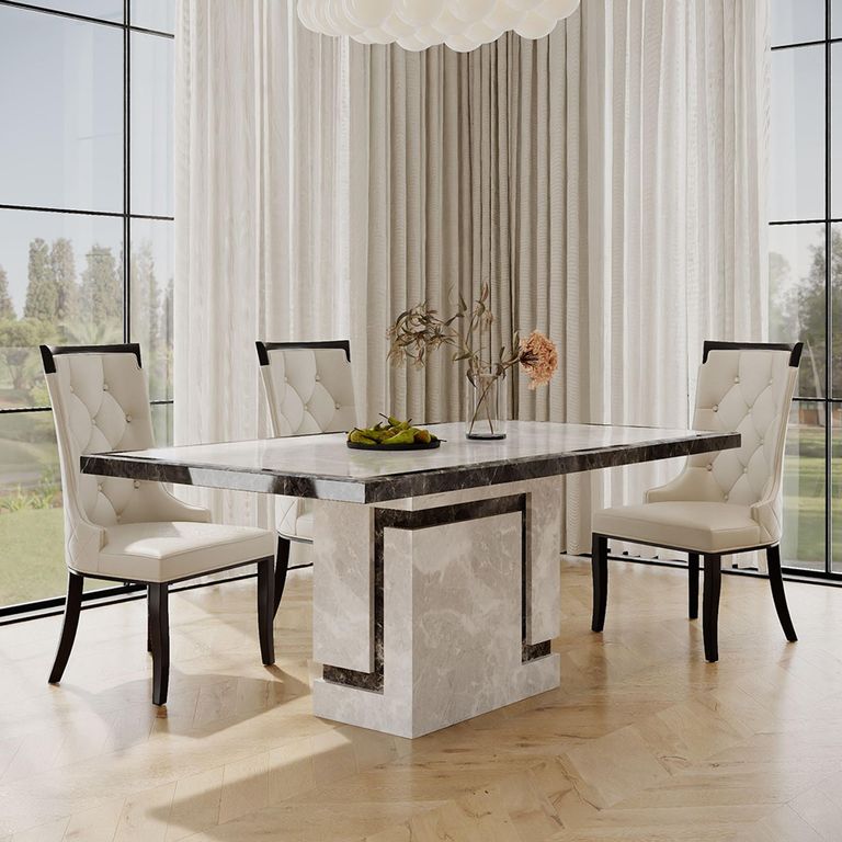 Venice Grey Marble Dining Set - Carmela Cream Leather Dining Chair