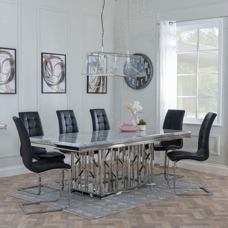 Vortex Grey Marble and Chrome Dining Set - Jamison Black Faux Leather Dining Chair