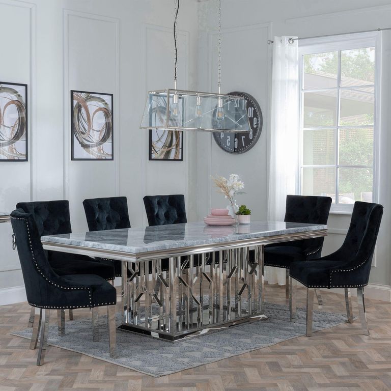 Vortex Grey Marble and Chrome Dining Set - Knocker Back Black Velvet Fabric Dining Chair with Chrome Legs