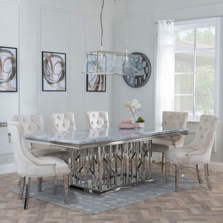 Vortex Grey Marble and Chrome Dining Set - Knocker Back Champagne Velvet Fabric Dining Chair with Chrome Legs