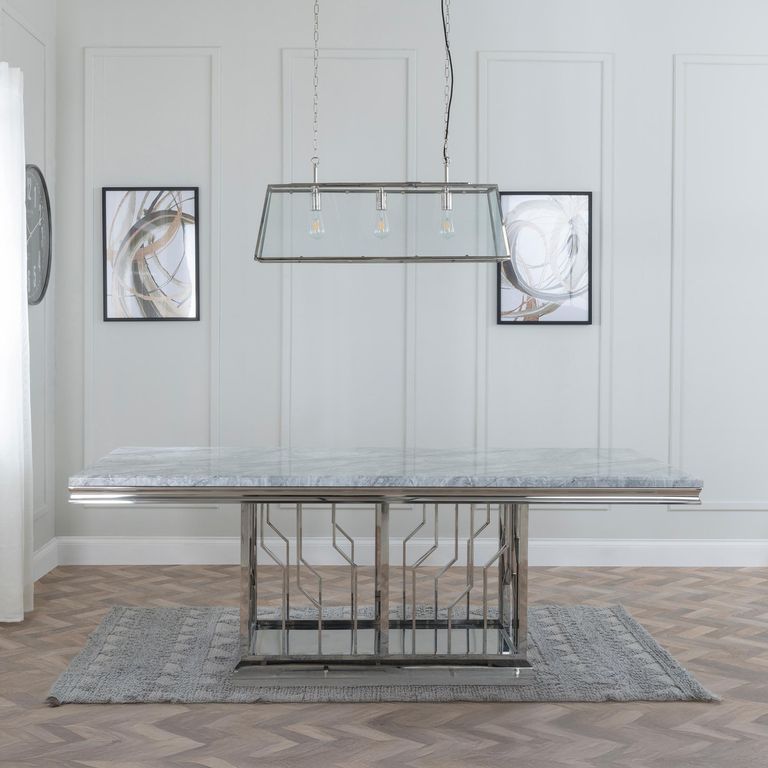 Vortex Grey Marble and Chrome Dining Set - Lion Knocker Back Black Velvet Fabric Dining Chair with Chrome Legs