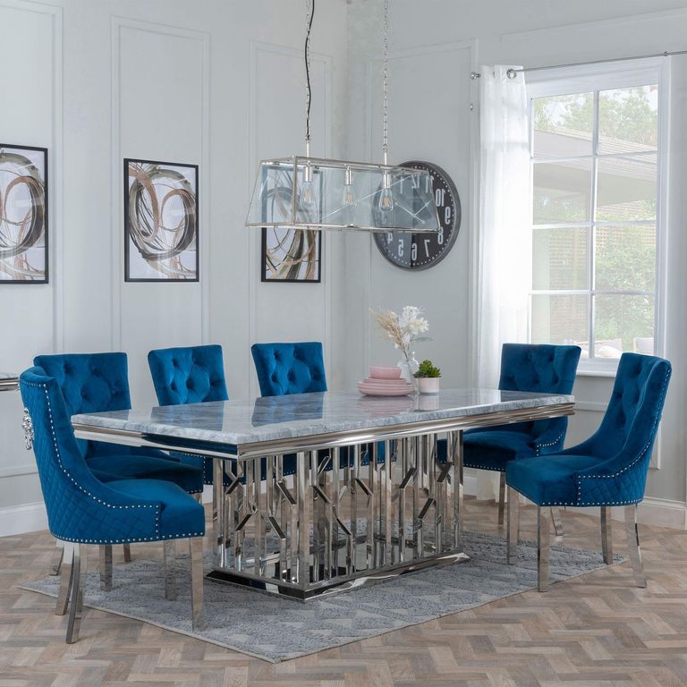 Vortex Grey Marble and Chrome Dining Set - Lion Knocker Back Blue Velvet Fabric Dining Chair with Chrome Legs