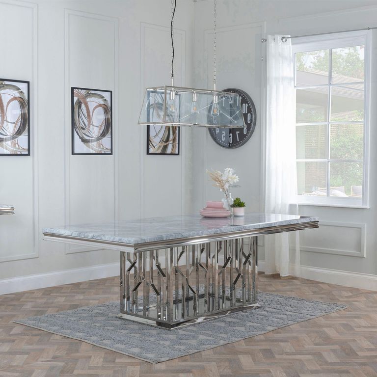 Vortex Grey Marble and Chrome Dining Set - Lion Knocker Back Champagne Velvet Fabric Dining Chair with Chrome Legs