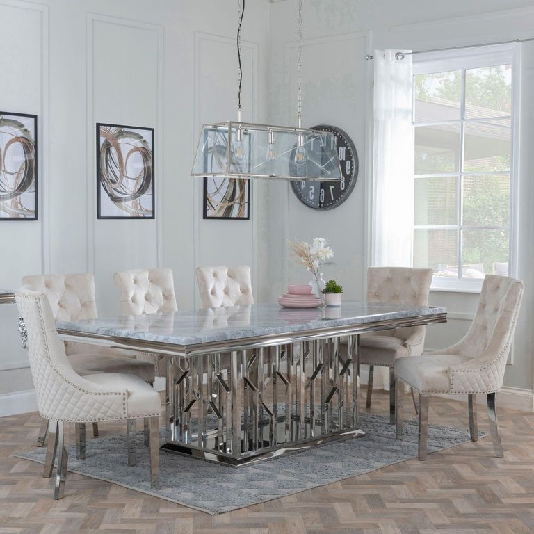 Vortex Grey Marble and Chrome Dining Set - Lion Knocker Back Champagne Velvet Fabric Dining Chair with Chrome Legs