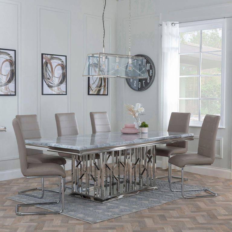 Vortex Grey Marble and Chrome Dining Set - Roma Beige Faux Leather Dining Chair