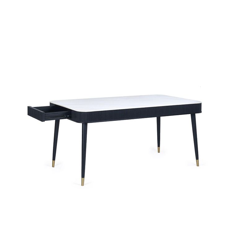 Louis Dining Table - 160cm - 6 Seater - White Ceramic Top - Black Fluted Base