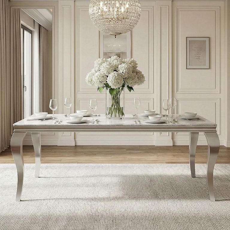 Louis 6 Seater Grey Marble and Chrome Dining Table - Sizes Available