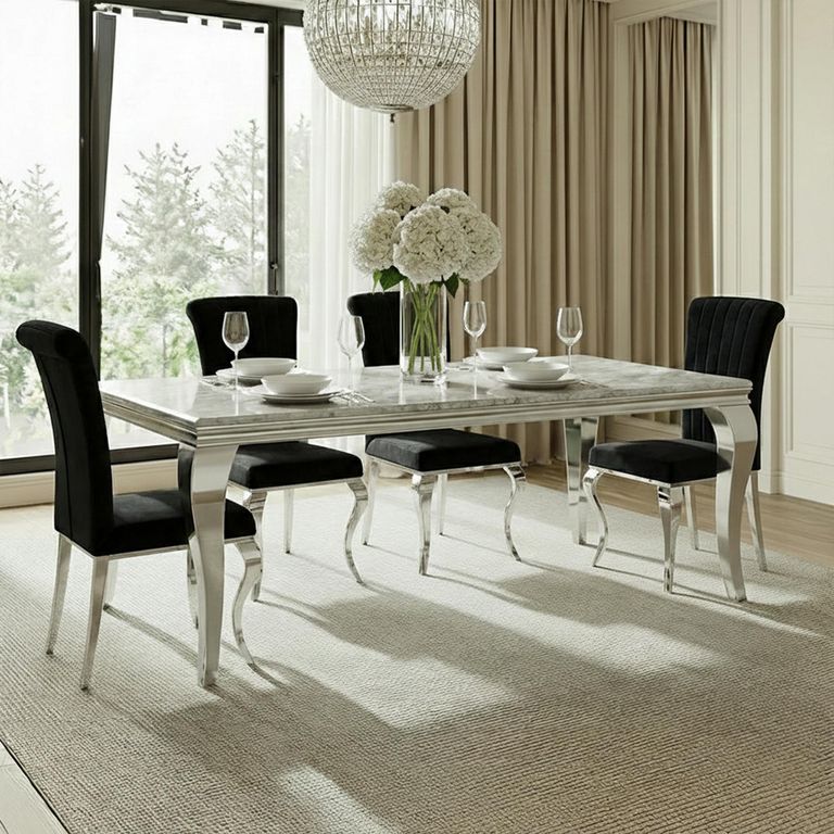 Louis 6 Seater Grey Marble and Chrome Dining Table - Sizes Available