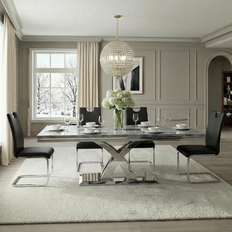 Lisbon 6 Seater Grey Marble and Chrome Dining Table - Sizes Available