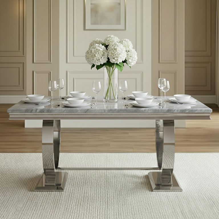 Glacier 6 Seater Grey Marble and Chrome Dining Table - Sizes Available