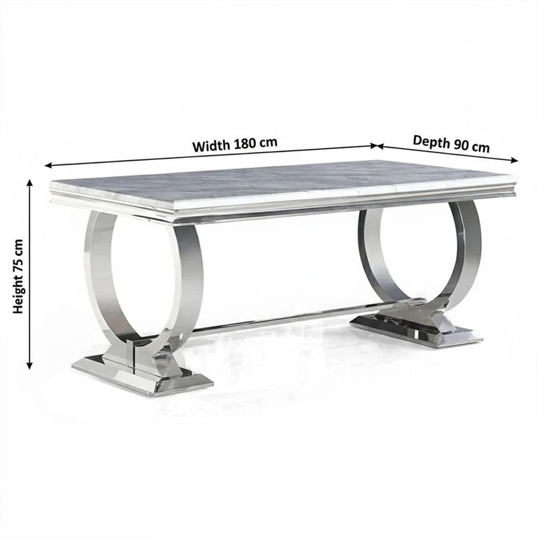 Glacier 6 Seater Grey Marble and Chrome Dining Table - Sizes Available