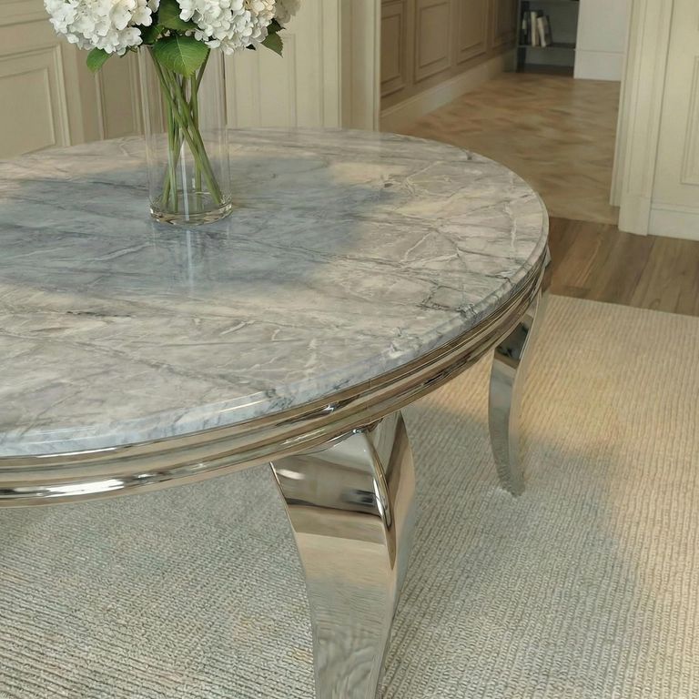 Louis 4 Seater Grey Marble and Chrome Round Dining Table - 120cm