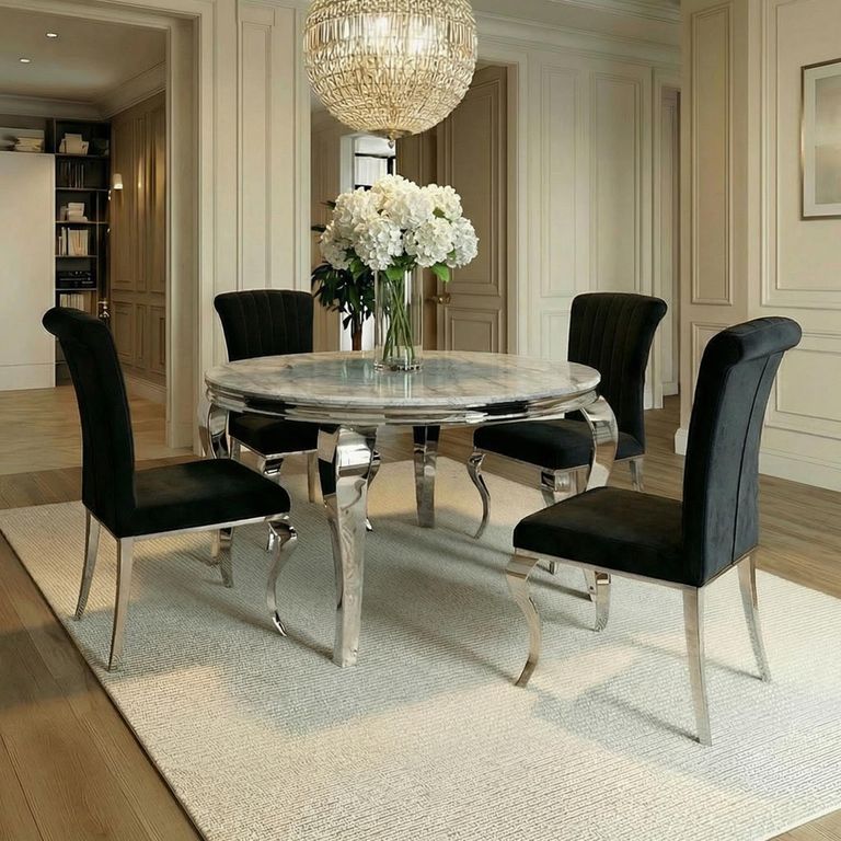 Louis 4 Seater Grey Marble and Chrome Round Dining Table - 120cm