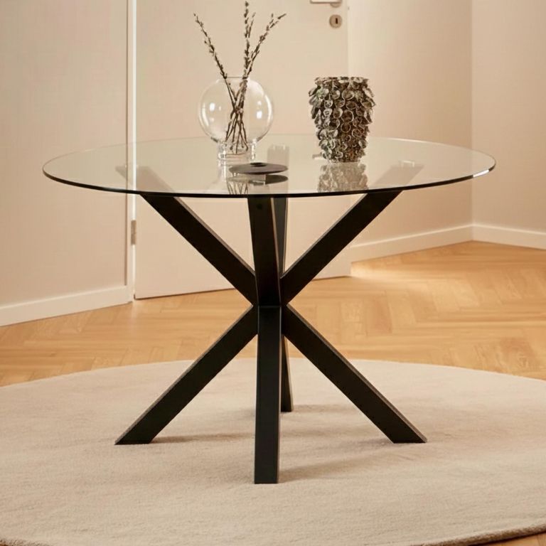 Heaven Round Dining Table - 4 Seater - 119cm - Glass - with Black Star Legs