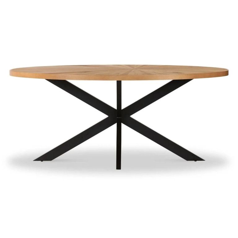 Viento Oak - Sunburst Oval Elip Dining Table - 6 Seater - 180cm - with Black Spider Legs