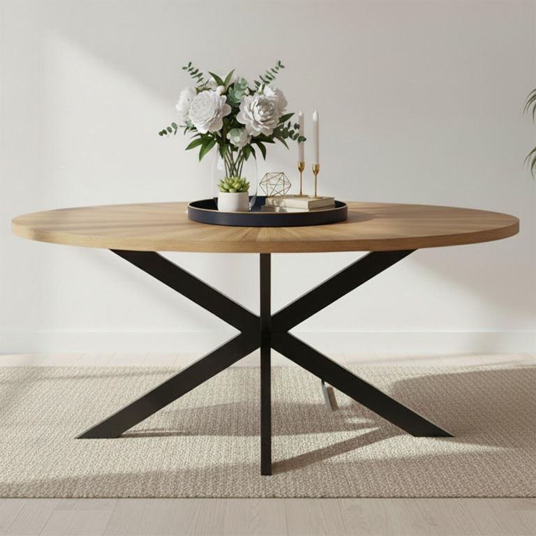 Viento Oak - Sunburst Oval Elip Dining Table - 6 Seater - 180cm - with Black Spider Legs