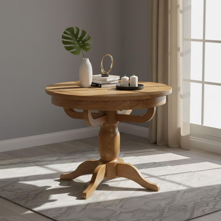 Original Round Extending Dining Table - 4-6 Seater - 100cm-135cm - Pedestal Base - Rustic Oak
