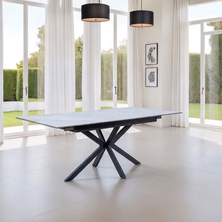 Arrigo Extending Dining Table - 6-8 Seater - 160cm-200cm - Italy Grey Marble - Black Star Base