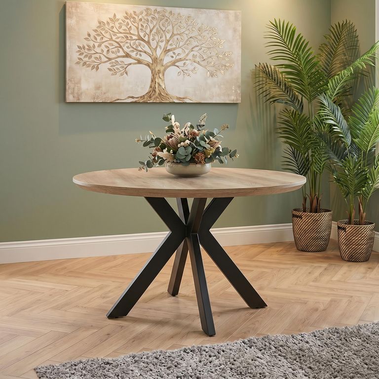 Manhattan Dining Table - Oak - 4 Seater - 120cm - Round - Black Spider Legs Base