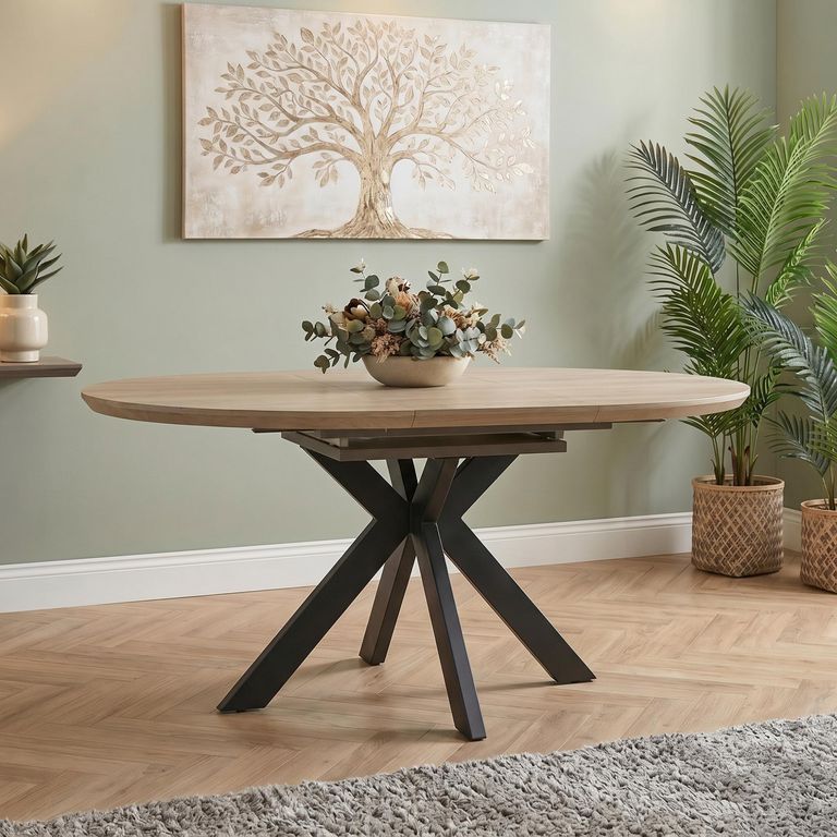 Manhattan Extending Dining Table - Oak - 4-6 Seater - 120cm-160cm - Oval - Black Spider Legs Base
