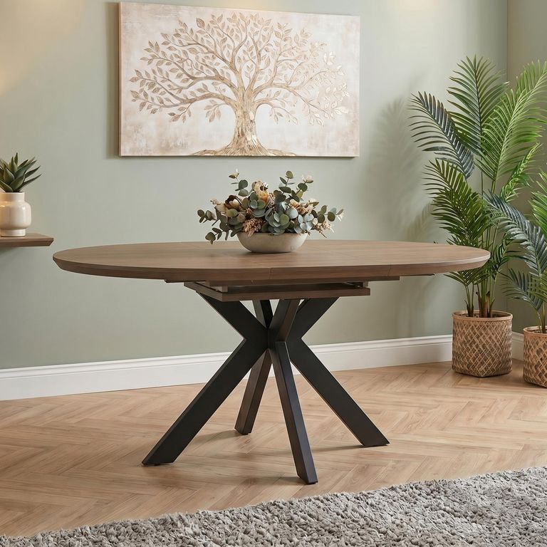 Manhattan Extending Dining Table - Walnut - 4-6 Seater - 120cm-160cm - Oval - Black Spider Legs Base