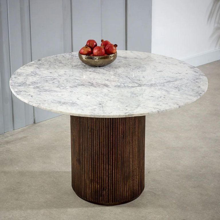 Opal Fluted Dining Table - 4 Seater - 120cm - Round - Pedestal - White Marble Top - Mango Wood