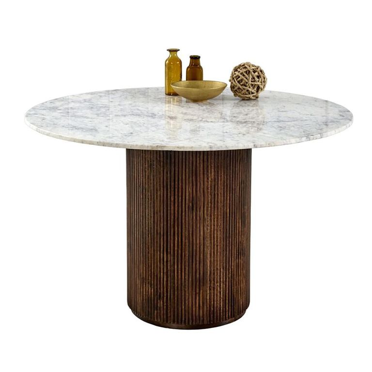 Opal Fluted Dining Table - 4 Seater - 120cm - Round - Pedestal - White Marble Top - Mango Wood