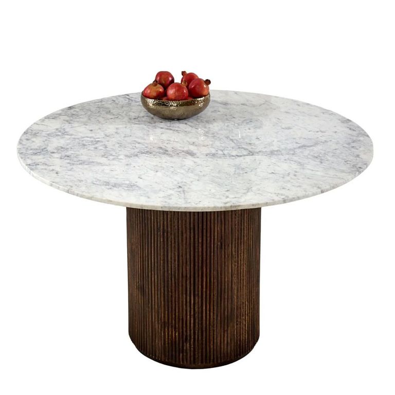 Opal Fluted Dining Table - 4 Seater - 120cm - Round - Pedestal - White Marble Top - Mango Wood