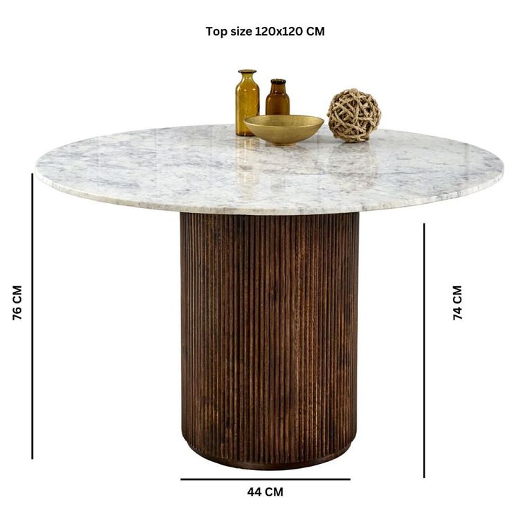 Opal Fluted Dining Table - 4 Seater - 120cm - Round - Pedestal - White Marble Top - Mango Wood